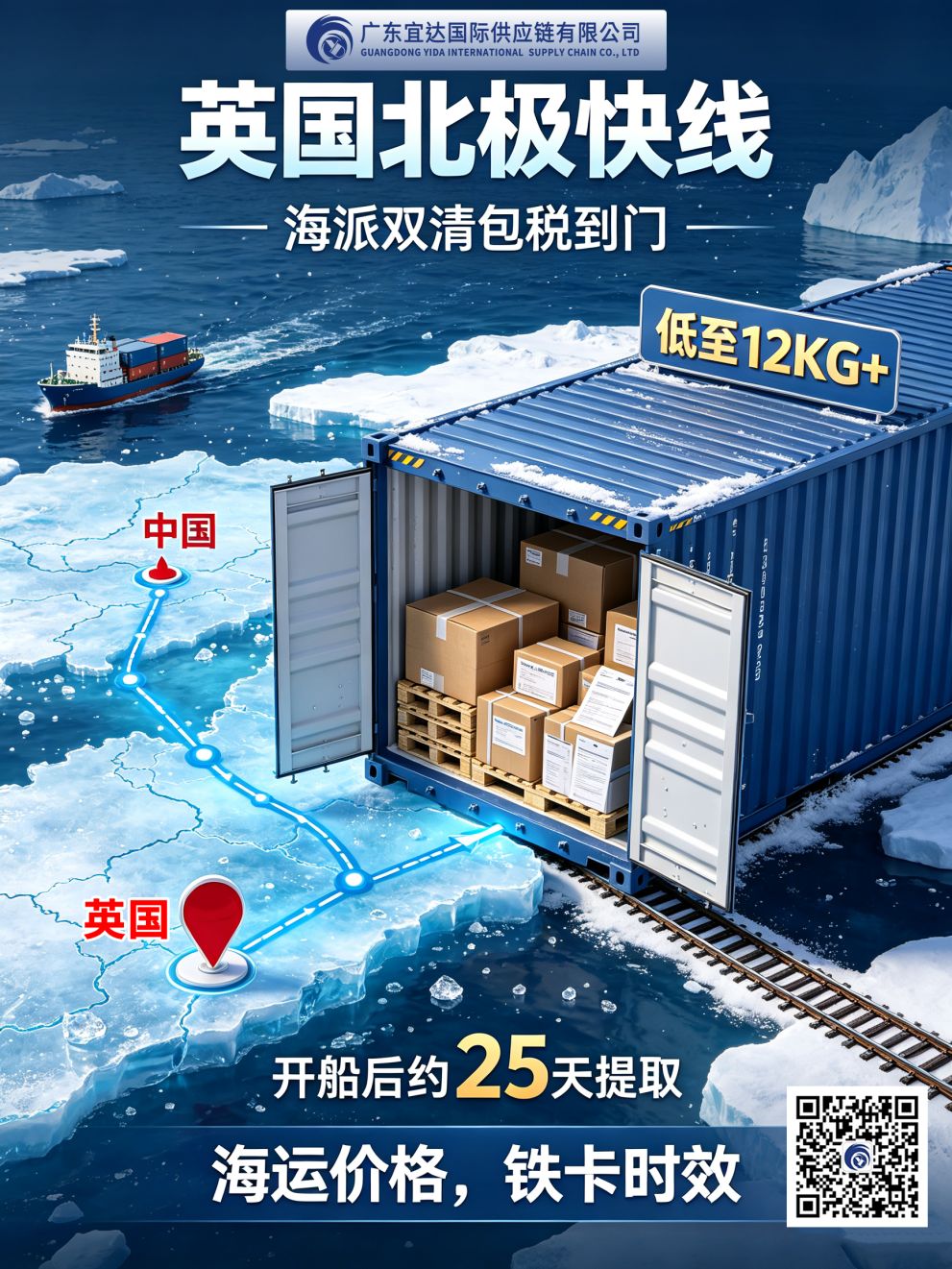 12KG起收货！开船后25天提取！广东宜达-英国北极快线海派专线全面开启